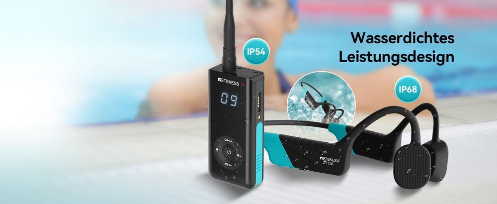 Retekess TT120 Schwimmtrainings-kommunikationssystem, IP68 Wasserdichte, Knochenleitung, 120 m, mit USB-Ladegerät, Sportkopfhörer für Schwimmschule