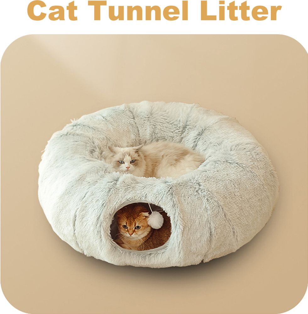 2in1 Katzenbett Katzentunnelbett Katzenspielzeug katzenkissen Winterwarmes Pluesch-Haustierbett | faltbar | Abnehmbarer | rutschfester, Durchmesser: 84cm, Höhe: 25cm, Grau