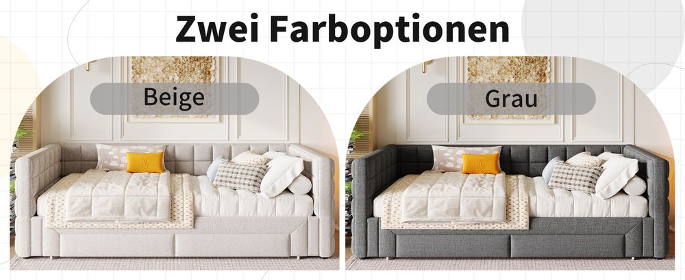 MODFU Daybett, Ausziehbett  90x200cm Schlafsofa Jugendbett Kinderbett Tagesbett,t mit quadratischer Rückenlehne,(ausziehbar auf 180 Queensize), 2 Schubladen, Ohne Matratze, Grau