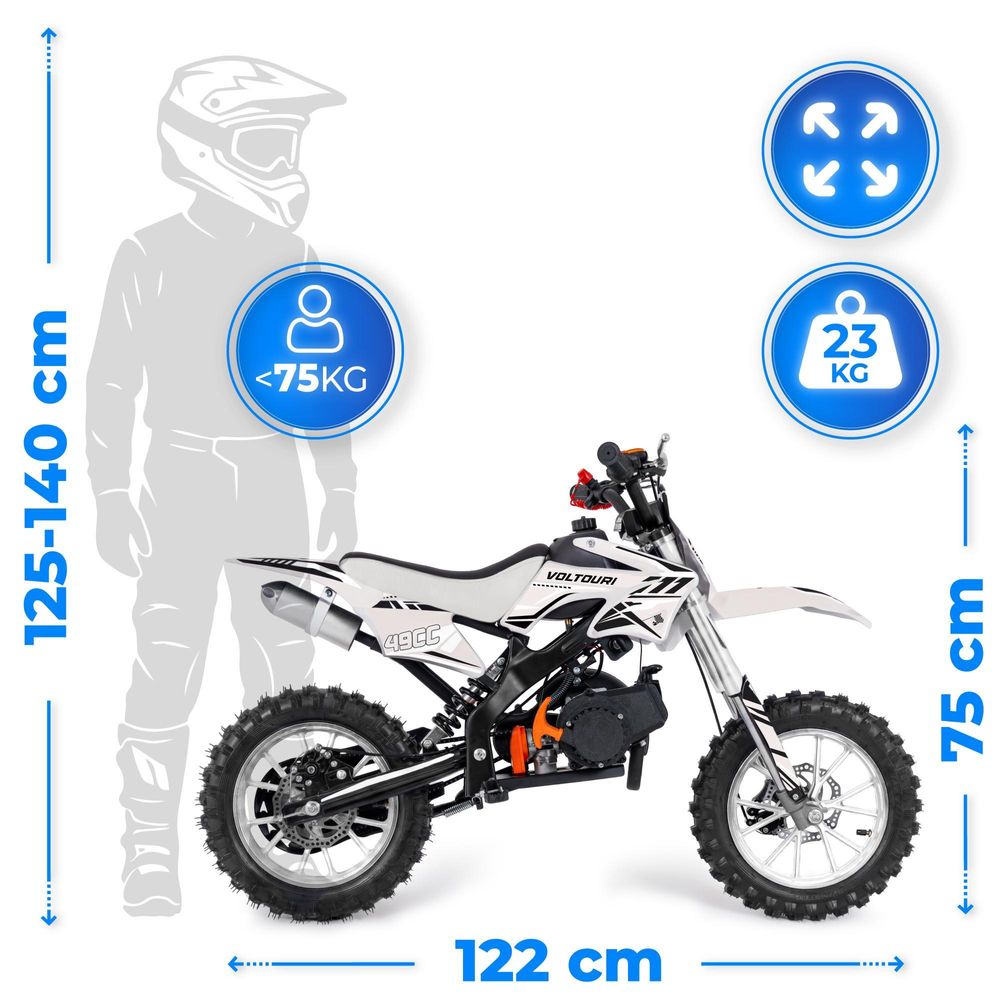 VOLTOURI CR49-WHITE Mini Cross 49cc Benzin Motorrad für Kinder Offroad 35 km/h 10" Räder Scheibenbremsen Weiß