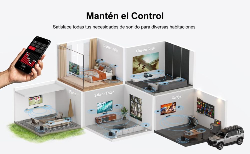 ULTIMEA 7.1: Sistema de sonido envolvente virtual para televisores, con una potencia máxima de 410W. Barra de sonido con subwoofer y altavoces envolventes ajustables, y control mediante aplicación