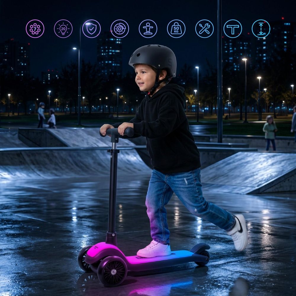 Kind rijdt op de step met helm in de avond