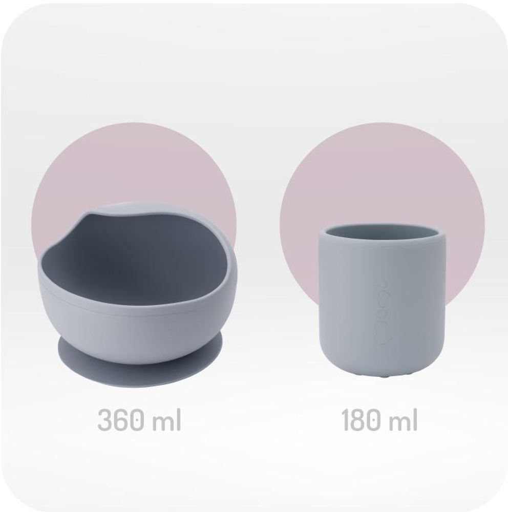 MoMi AMI – 6-teiliges Baby-Geschirrset aus Silikon, BPA- & , mit Buchenholz & Lätzchen, ab 6 Monaten – Grau