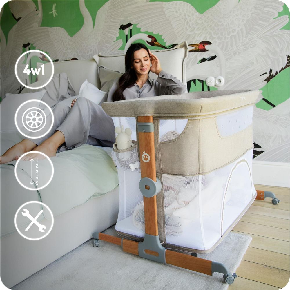 MoMi SMART BED – 4-in-1 Beistellbett & Reisebett, höhenverstellbar mit Neigefunktion, inkl. Matratze & Moskitonetz – Beige