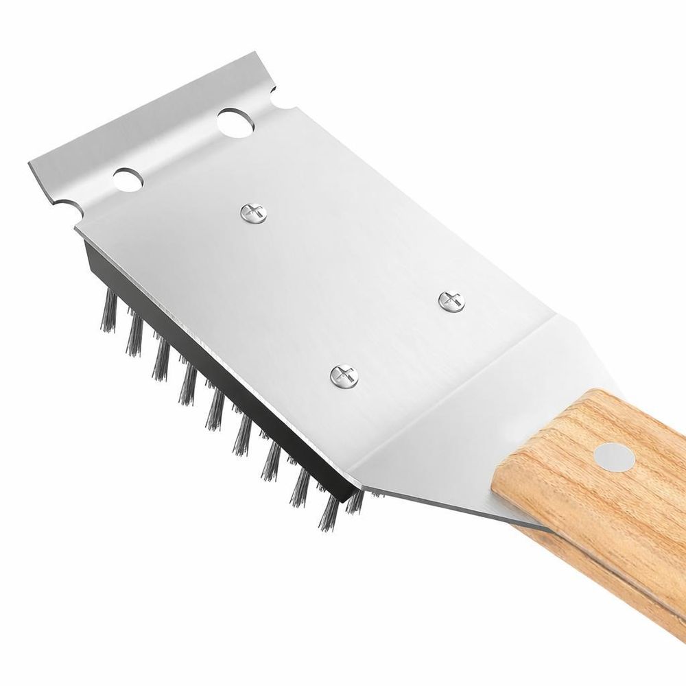 WELLHAUS Grillreinigungsbürste mit Griff Edelstahl Holz Grillbürste für Grillrost BBQ Reinigungsbürste mit Ersatzbürste