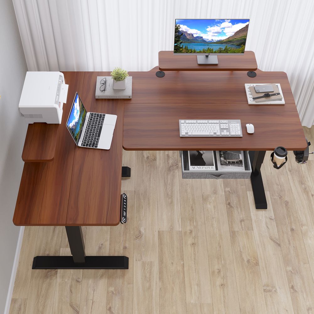 Hilodesk L-Schreibtisch Elektrisch Höhenverstellbar Eckschreibtisch L Förmiger Bürotische Stehpult mit Monitorständer und Schublade 160cm Retro-Holz