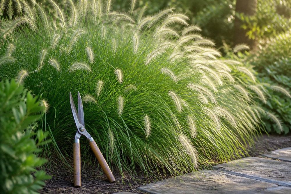 Gartenschere lehnt entspannt am Horst, Icon-artige Ruhe, warmes Licht.