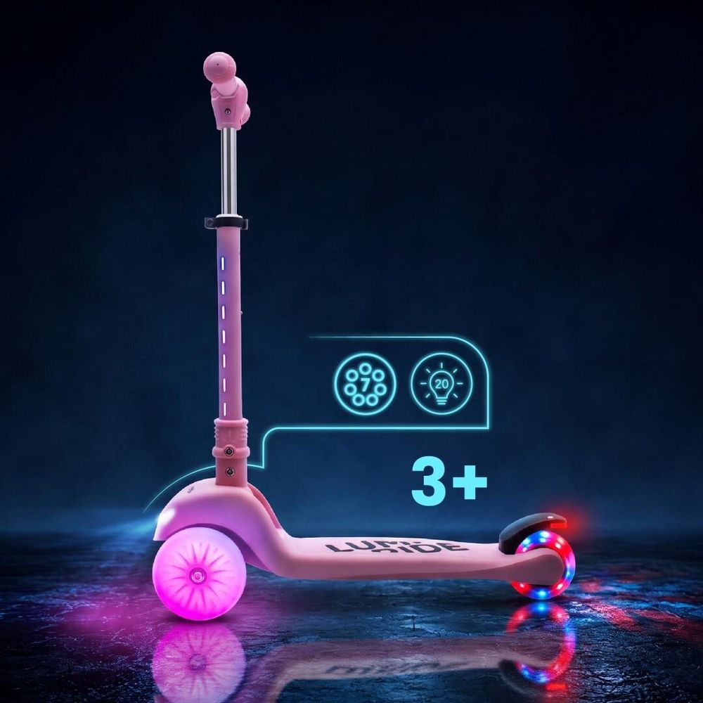 Patinete SUN BABY LUMI RIDE visto de lado, resaltando la edad recomendada y luces LED.