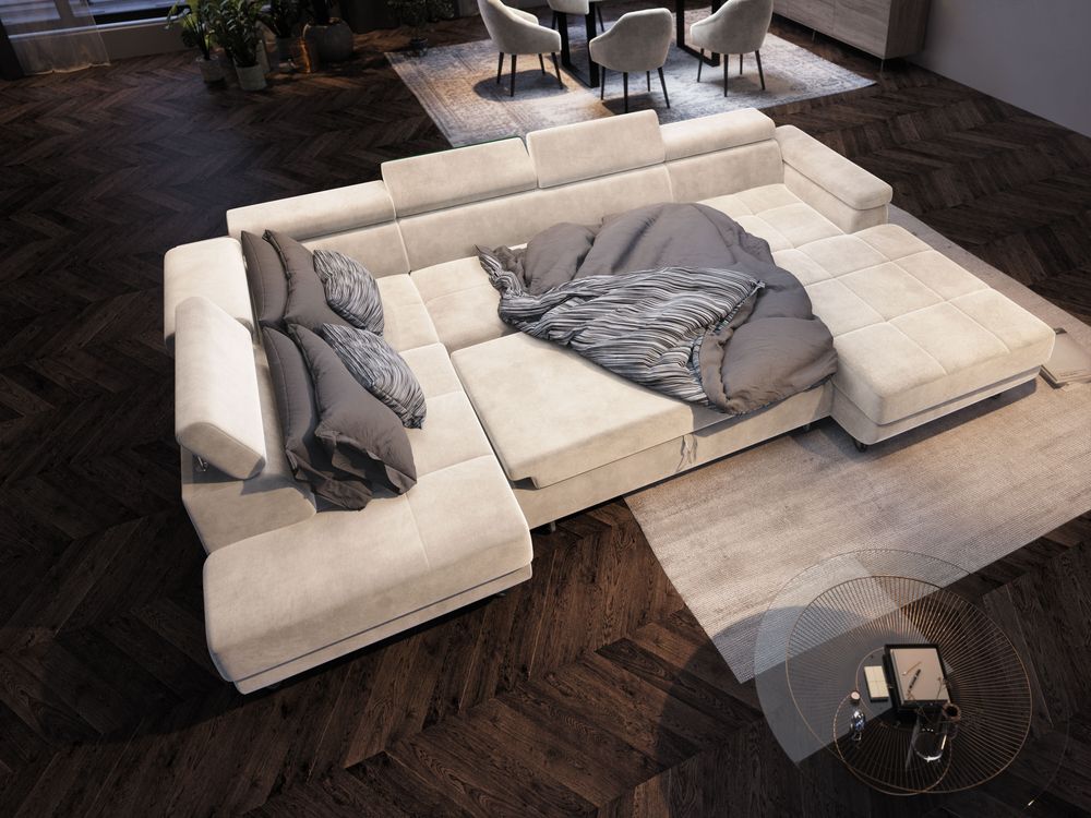 Ecksofa Junior U Cream Beige Magic Velvet 2250 U-Form Ecke mit Schlaffunktion Eckcouch  Polsterecke U-Sofa Breite 317 cm Ecksofa mit zwei Bettkästen