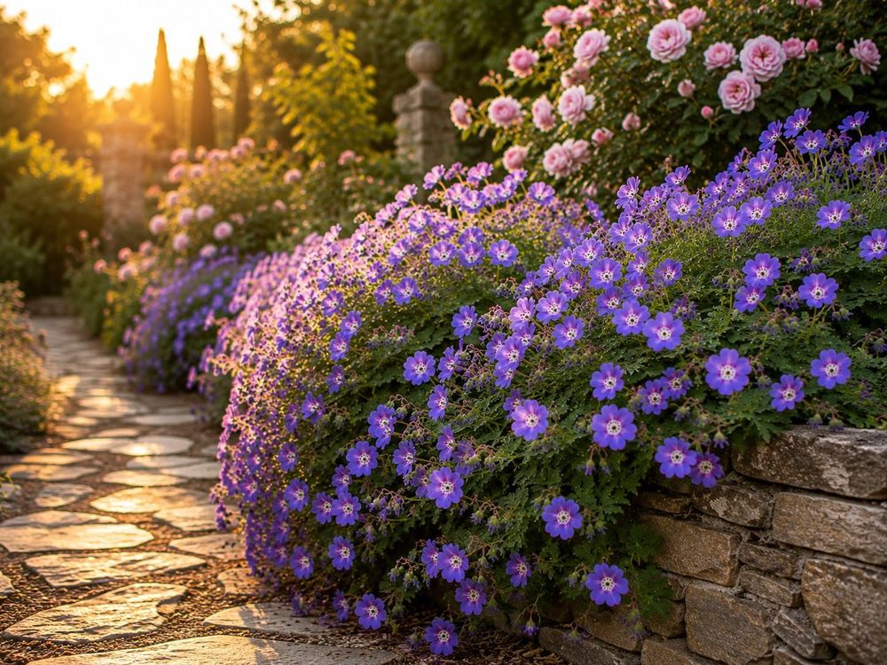 Geranium Rozanne unterpflanzt Rosen, violettblaue Blüten um Rosenfüße