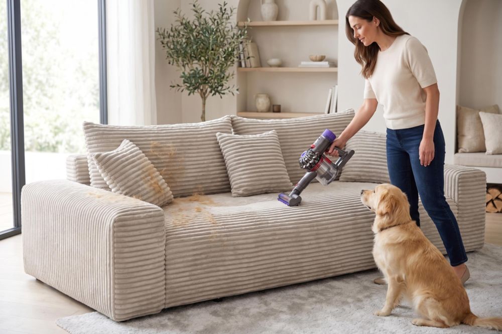 Frau saugt CORDO Sofa ab, Golden Retriever sitzt daneben – pflegeleichter Breitcord