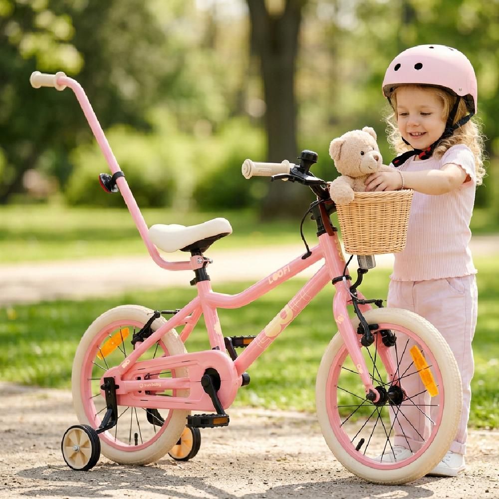 SUN BABY LOOFI Kinderfahrrad 14 Zoll, leichtes Aluminium Fahrrad 6,6 kg für Kinder ab 3 Jahre, mit Stützrädern, Korb, Klingel, Mädchen