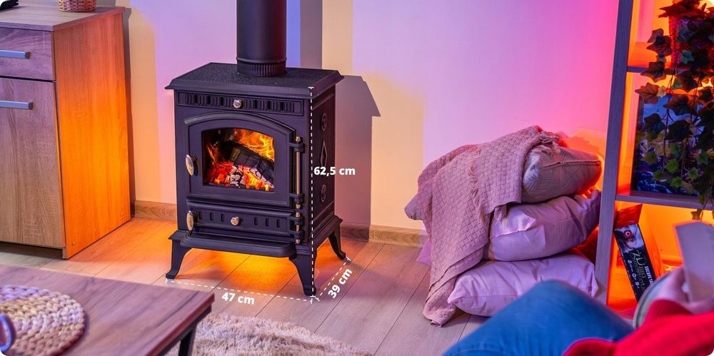 Gusseiserner Kaminofen THUNDER® MITRA 7 kW mit Scheibenspülung, Kalte Tür, EcoDesign, Holzofen aus Gusseisen,