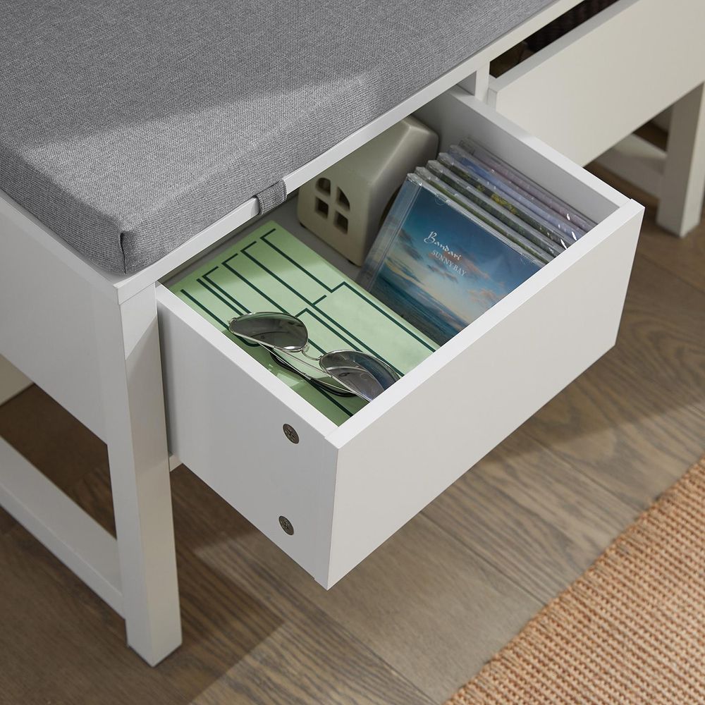 SoBuy FSR88-W Sitzbank mit Stauraum Schuhbank mit 2 Schubladen Bettbank Garderobenbank Belastbarkeit 150 kg Weiß BHT ca.: 72x46x30cm