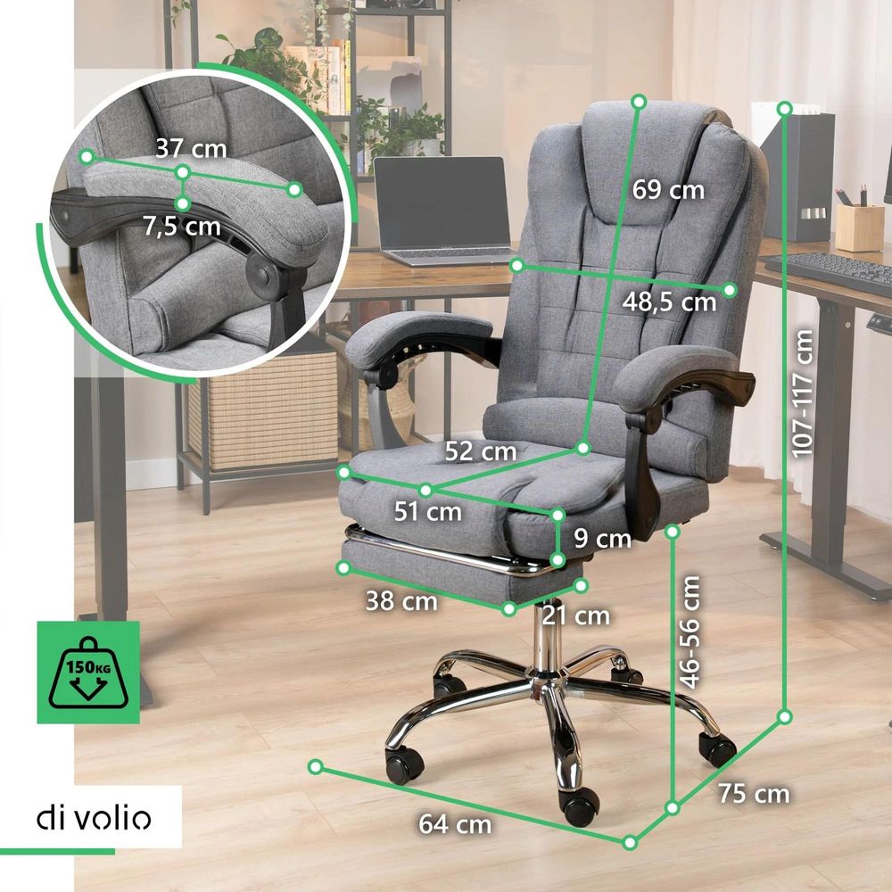 di volio kancelářská židle Baldo, ergonomická, tmavě šedá, 150 kg, výškově nastavitelný sedák, podnožka, integrovaná opěrka hlavy, PVC, PP, ocel, PU, tkanina, DV-088OC