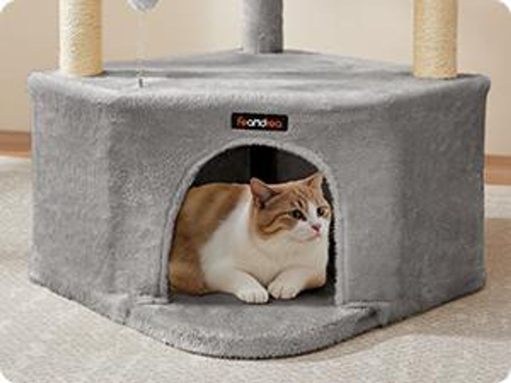 FEANDREA Kratzbaum für Raumecke, Katzenbaum, mit großer Kuschelhöhle, großen Plattformen, mehr Stabilität Taubengrau