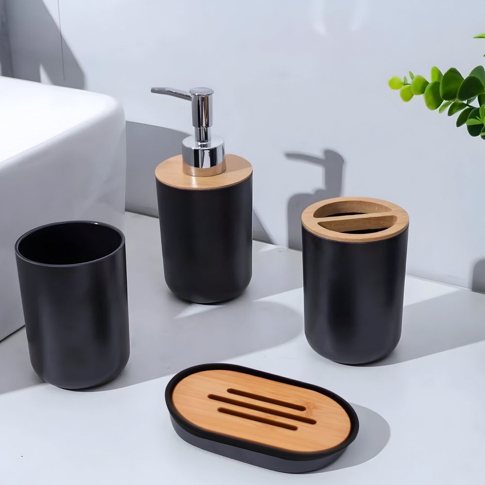 Badezimmer Set 6-tlg  Bambus Bad Zubehörset Toilettenset Lotionspender Mülleimer Zahnbürstenhalter Zahnputzbecher Toilettenbürste Seifenschale Retoo