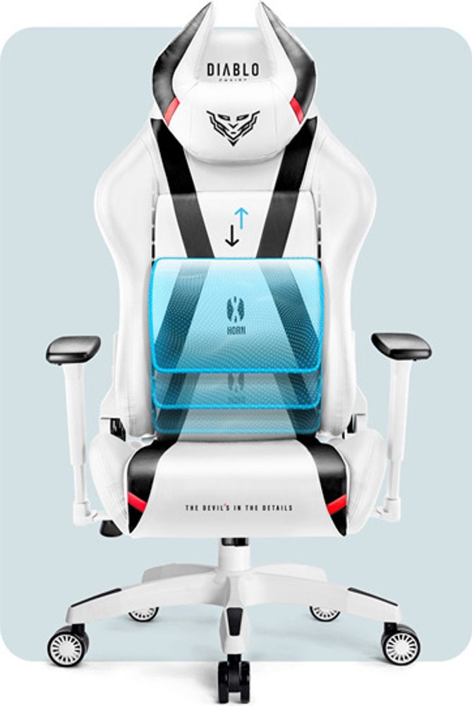 Diablo X-Horn Gaming Stuhl Bürostuhl Schreibtischstuhl 3D Armlehnen Ergonomisches Design Nacken/- Lendenkissen Kunstleder Wippfunktion, Farbe: Weiß, Größe Normal