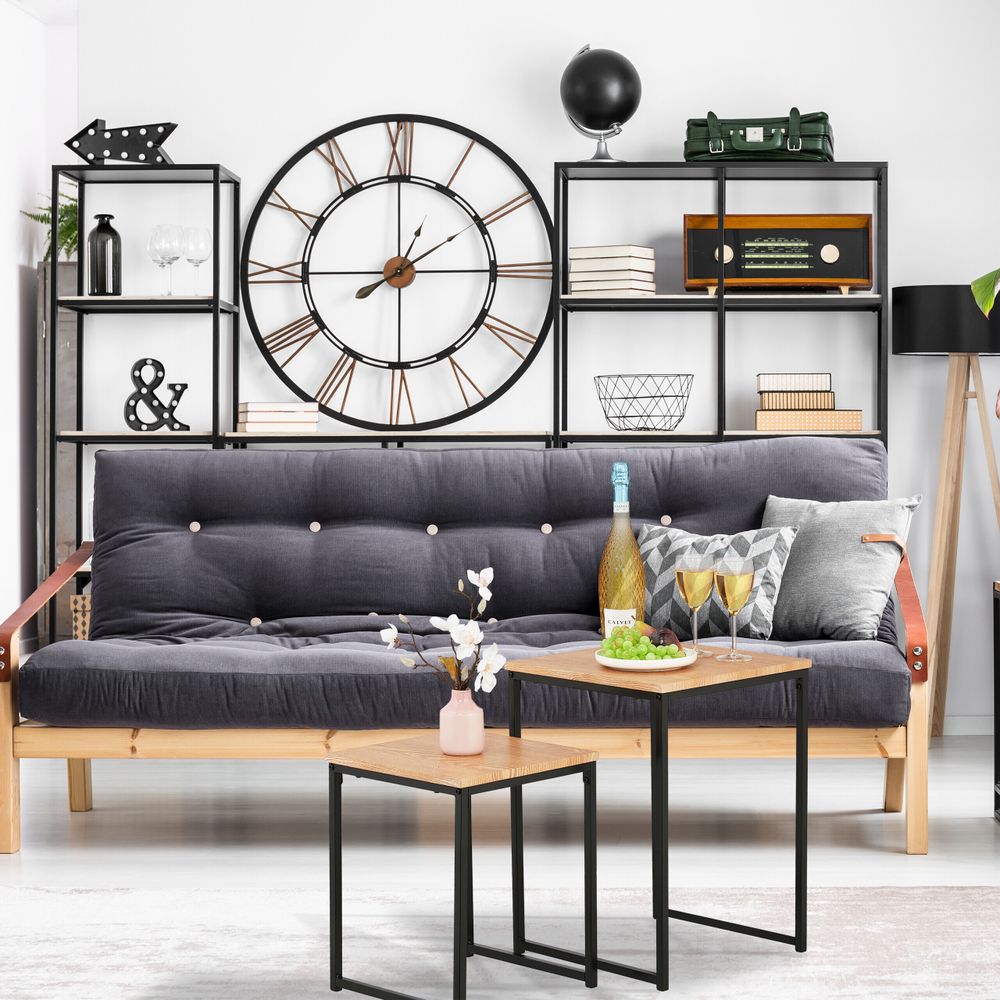 Relaxdays Beistelltisch 2er Set, stapelbar, Industrie Design, Satztisch 2 Größen, quadratisch, Metall, hellbraun/schwarz