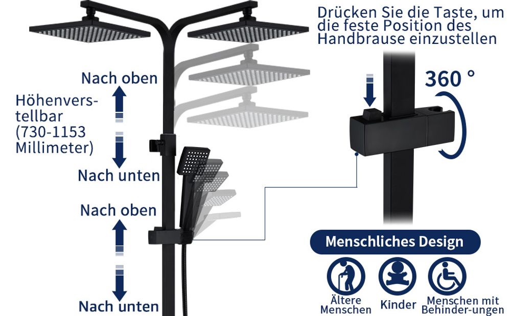 HOMELIVE Regendusche Duschsystem Edelstahl Duscharmatur Komplettset Set Duschstange mit brause Duschkopf mit Schlauch und Handbrause