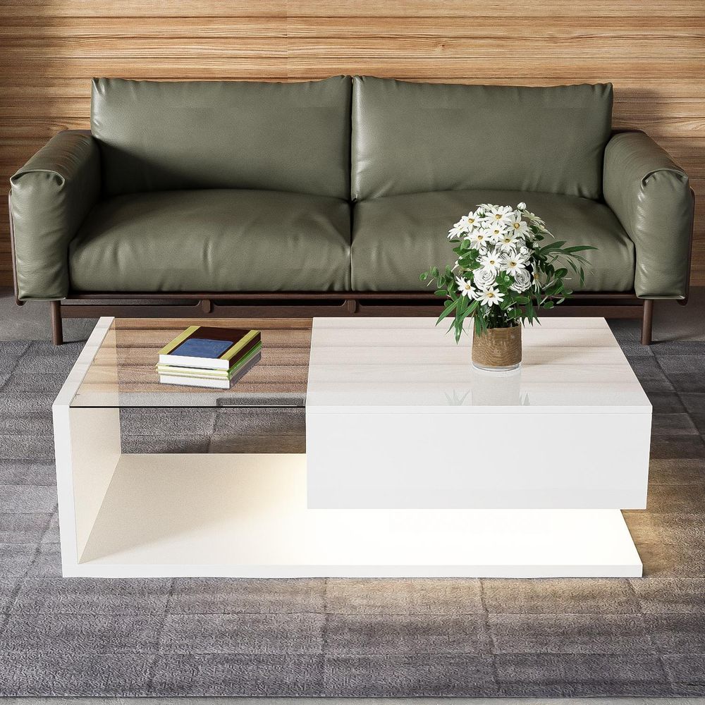 Couchtisch in Weiß mit Glas und moderner LED-Beleuchtung