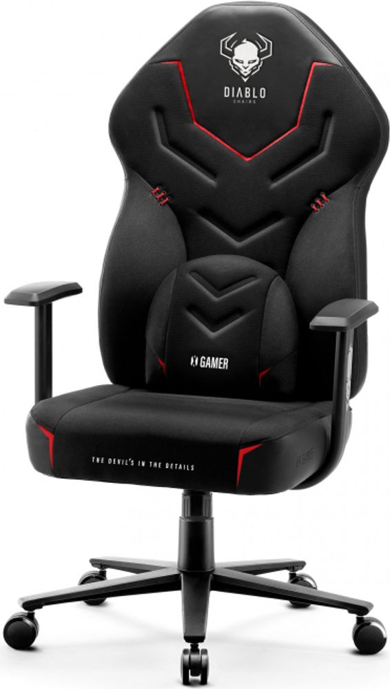 Diablo X-Gamer 2.0 Gaming Stuhl Bürostuhl Stoffbezug Ergonomisches Design Lendenwirbelkissen Softpadauflage Farbe: Schwarz-Schwarz