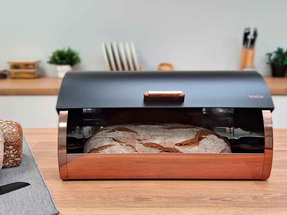 Briebe BB1161 Set aus Brotkasten +3 Küchenvorratsdosen aus Robustem Edelstahl Modernes Design Mattschwarz/Rosegold
