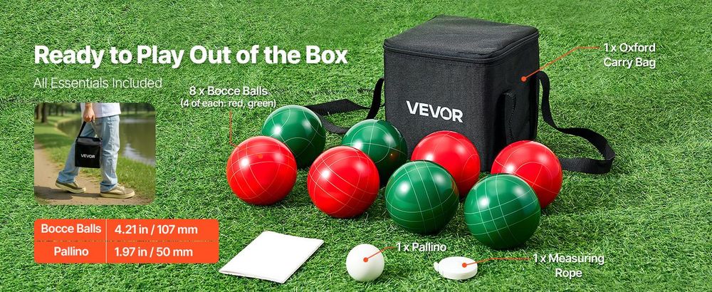 VEVOR Bocce Ball Set, 107 mm, mit 8 Harzkugeln, Pallino, Tragetasche und Maßband, Rot und Grün 2 Farben, für 2 bis 8 Spieler, Bocce Ball Spielset für Strand, Rasen, Familiengarten, im Freien, 2 Farben, 107 mm
