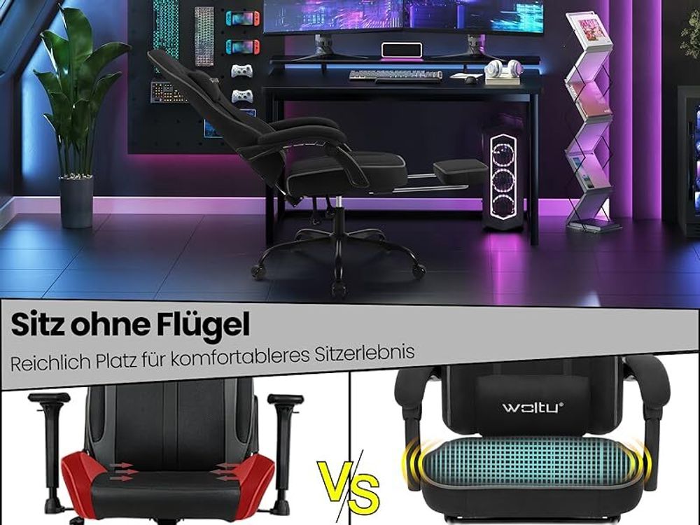 WOLTU Gaming Stuhl mit Taschenfederkissen, ergonomischer Drehstuhl, Tech-Stoff, Schwarz