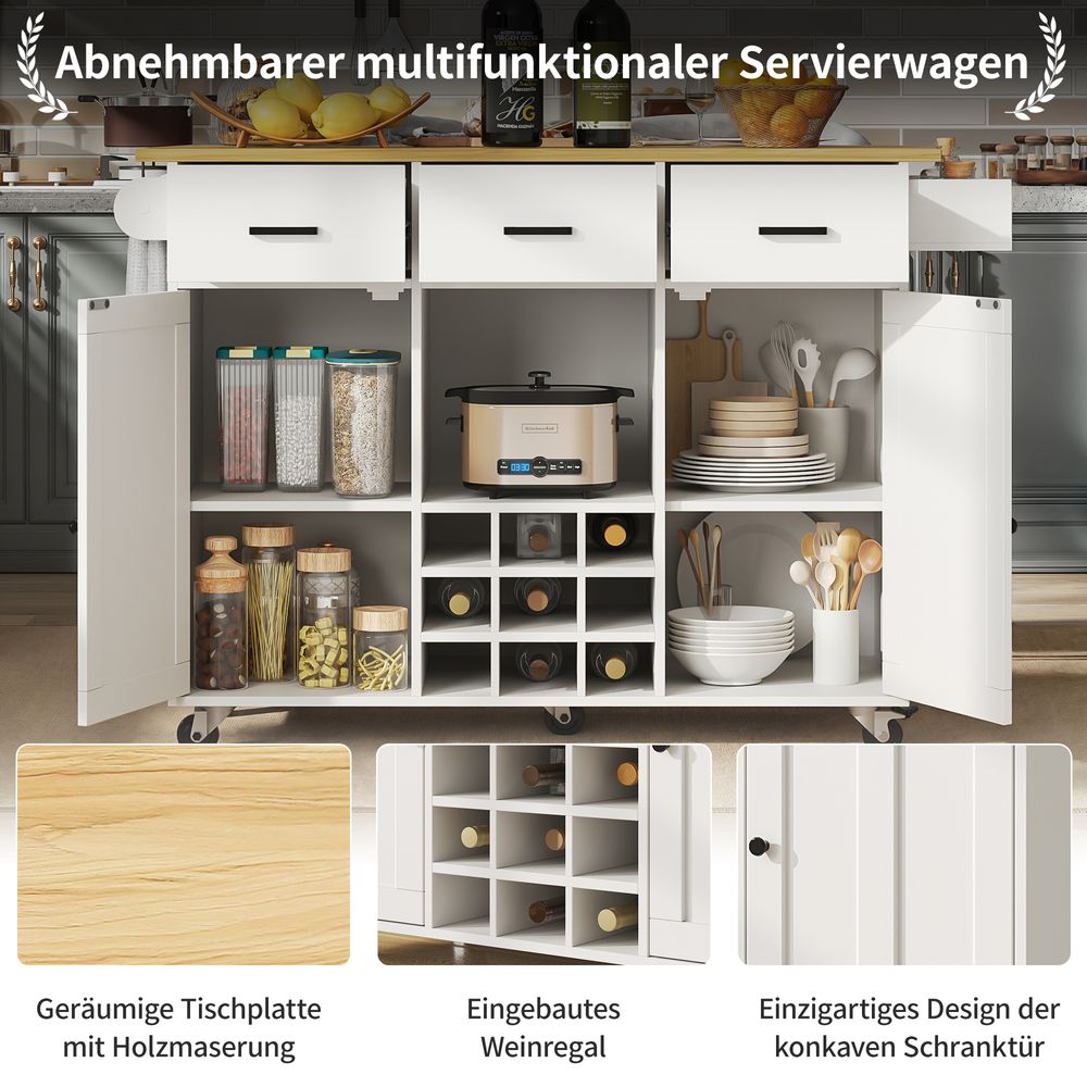 Flieks Küchenwagen mit Weinrutsche, Kücheninsel mit geräumige klappbare Tischplatte, Servierwagen mit Gewürzregal und Handtuchhalter, Weiß