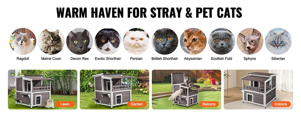 VEVOR Katzenhaus für draußen, wetterfest, Unterschlupf für Wildkatzen für mehrere Katzen, großes 2-stöckiges Katzenhaus aus Holz für draußen mit Balkon, Türen, PVC-Türklappen und offenem Dach, 76,2 cm L x 76,2 cm B x 81,3 cm H