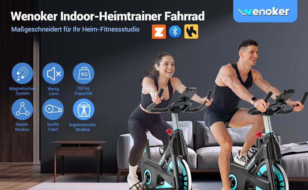 Wenoker Heimtrainer Fahrrad mit Eigener App und Magnetischem Widerstand, Bis 160KG, Indoor Fitnessbike Heimtrainer für Kardio Training