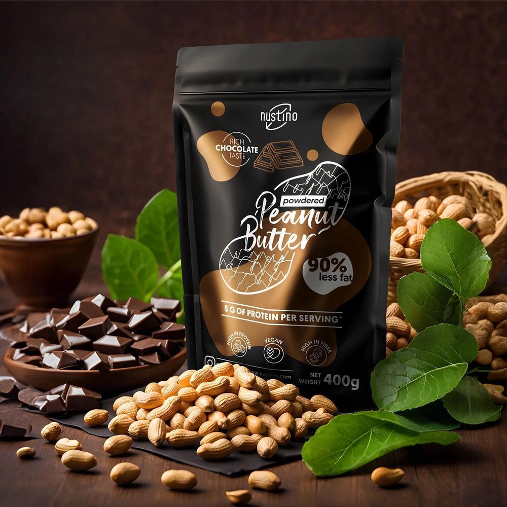 Nustino – arašídové máslo v prášku Chocolate 400 g – o 90 % méně tuku – s pravým kakaem – bohaté na bílkoviny – s nízkým obsahem tuku – bez palmového oleje – bez cukru