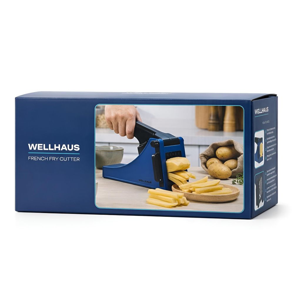 WELLHAUS Professioneller Pommes-Frites-Schneider mit Edelstahlklinge, rutschfest, manueller Gemüseschneider, Blau