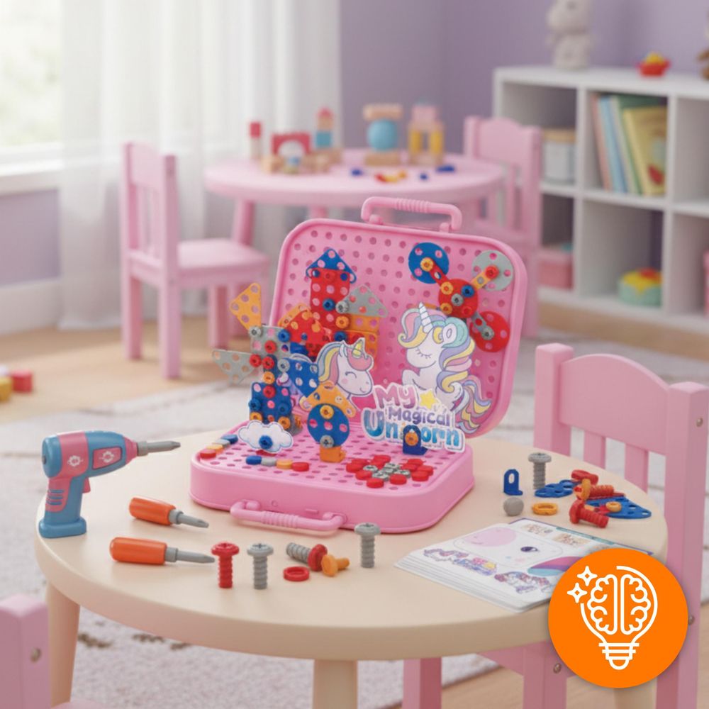 Einhorn Konstruktionsspielzeug 228 Teile, Montessori Werkzeugkasten mit Elektroschrauber, 3D Mosaik Steckspiel ab 3 Jahren, EVI TOYS Unicorn