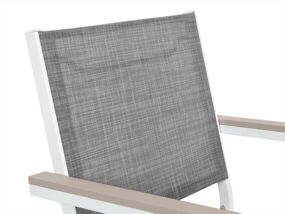Avestar 2er Set Gartenstühle, Outdoor Stapelstühle, aus Metallgestell und Textilene mit Armlehnen aus Kunstholz, wetterfeste Esszimmerstühle, Grau