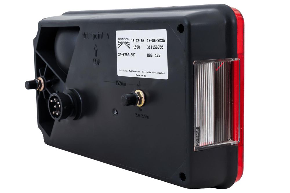 ASPÖCK Multipoint V Rückleuchte rechts 7 Funktionen 12 V 238 x 140 x 55 mm IP54 Bajonett 8-Pin E9 ADR Zone 2 für Anhänger und Bus