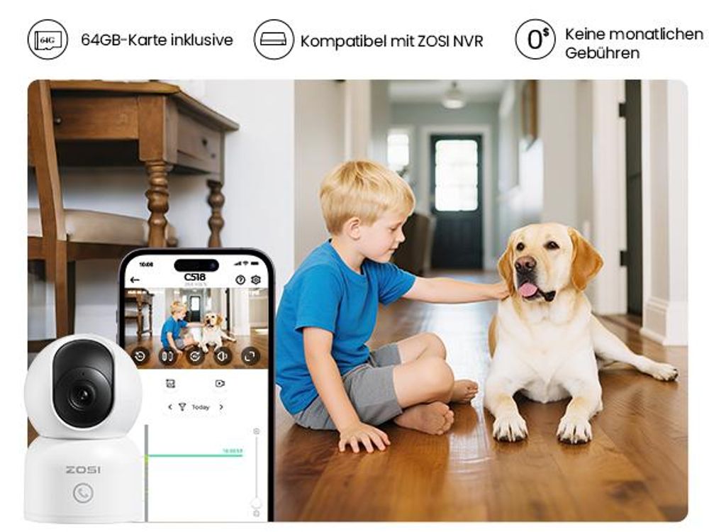 ZOSI 4K PTZ Überwachungskamera Innen WLAN mit 64GB Karte, 2,4/5Ghz WiFi, Personen-/Haustiererkennung & Verfolgung, One-Touch-Call, C518
