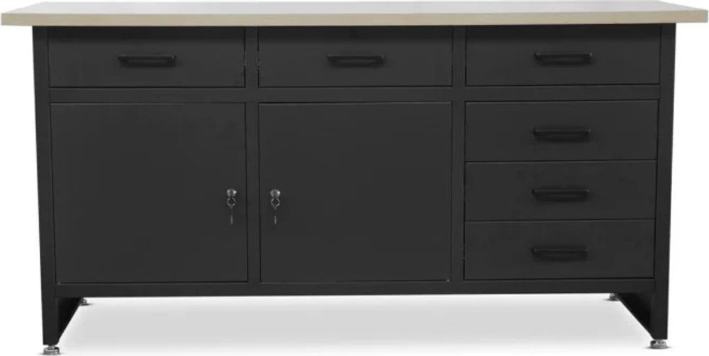 Werkbank mit Arbeitsplatte Werktisch mit 6 Schubladen 2 Schließfächer Verstellbare Füße MDF-Arbeitsplatte Belastbar bis 500 kg Metall 170 cm x 60 cm x 85 cm Farbe: Schwarz