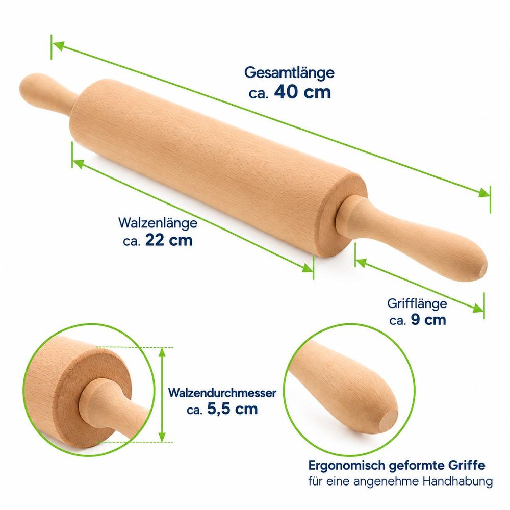 Nudelholz aus Buchenholz 40 cm Teigrolle mit Griffen