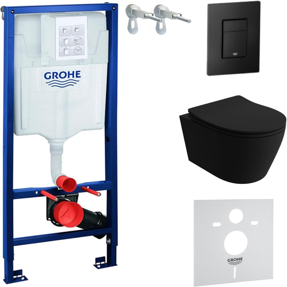 GROHE Vorwandelement Solido + Wand Hänge WC Praia Schwarz Spülrandlos + WC-Sitz SoftClose | Schwarzer Knopf | Komplettset | Unterputz Spülkasten | Toilette Komplett Sett