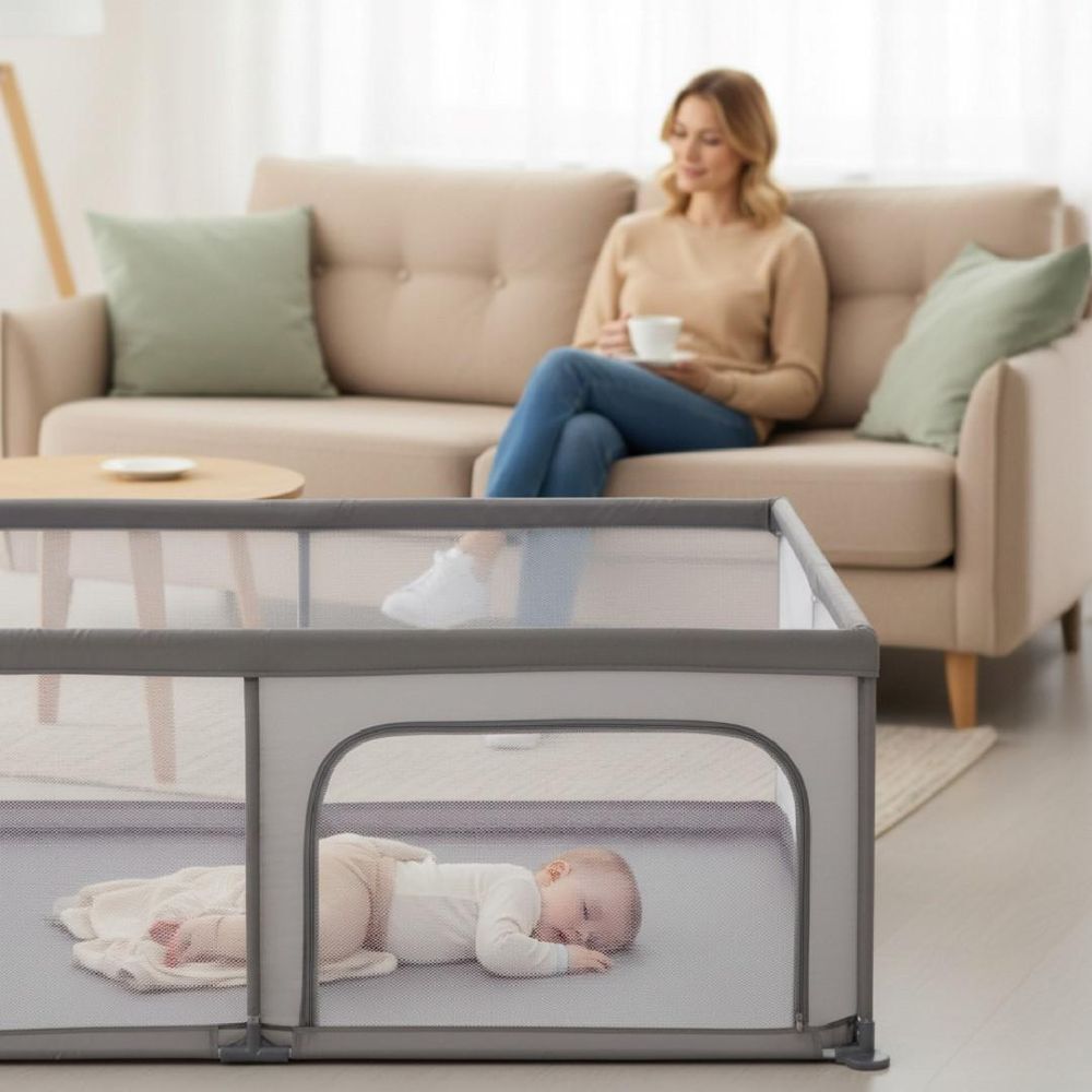 Baby liggend in kinderbox, moeder op de achtergrond