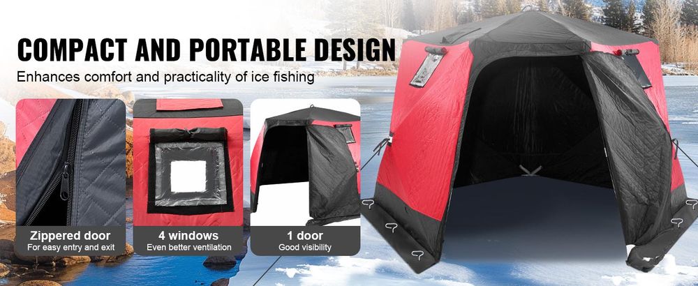 VEVOR Tragbarer Eisunterstand, isoliertes Pop-Up-Zelt zum Eisfischen für 6–8 Personen, 46,6 Quadratmeter befischbare Fläche, thermische Eishütte zum Winterfischen, Eiswürfel, 330 x 330 cm
