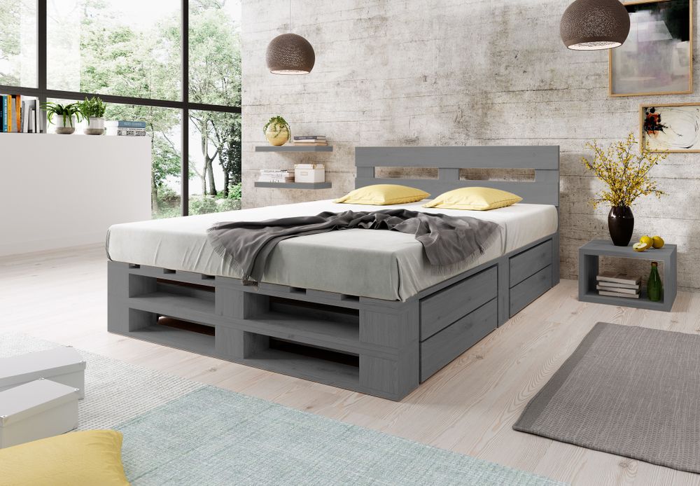 Lermowood Palettenbett M2 180 x 200 cm mit Kopfteil und 2 Bettkästen Grau, Erhöhte Komforthöhe 40 cm, Massivholz