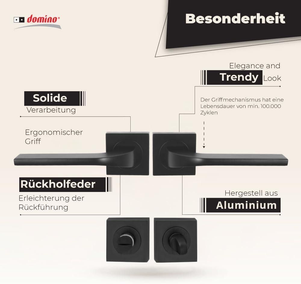DOMINO Türgriff Drückergarnitur WC - Badezimmer Set | Vierkant-Rosette | Türbeschlag für Badezimmertüren | Set WC - Rosetten-Garnitur | Türklinke aus Aluminium | Bronze Türdrückergarnitur | TIPO-QR BLACK