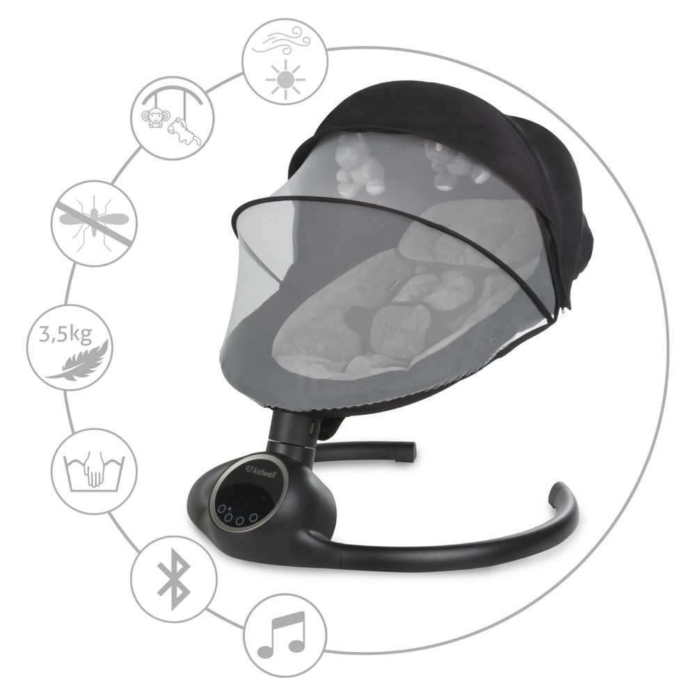 Kidwell REVE Elektrische Babywippe & Babyschaukel – Schaukel mit App-Steuerung, Bluetooth, Timer, Spielbogen & Moskitonetz (Black/Silver)