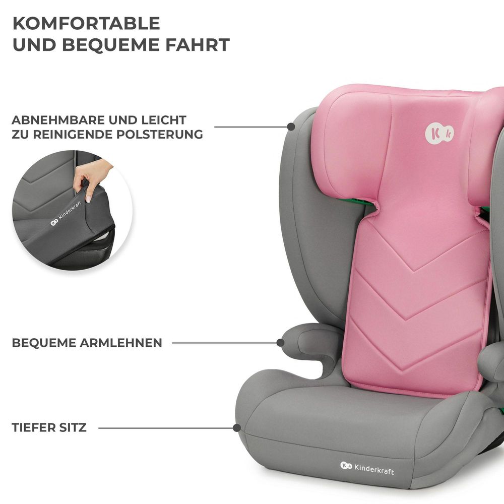 Kinderkraft I-SPARK 2in1 Kindersitz 100-150 cm (3,5-12 Jahre) - i-Size Standard - Leicht - H-GUARD Kopfstütze - SPS Seitenaufprallschutz - Rosa