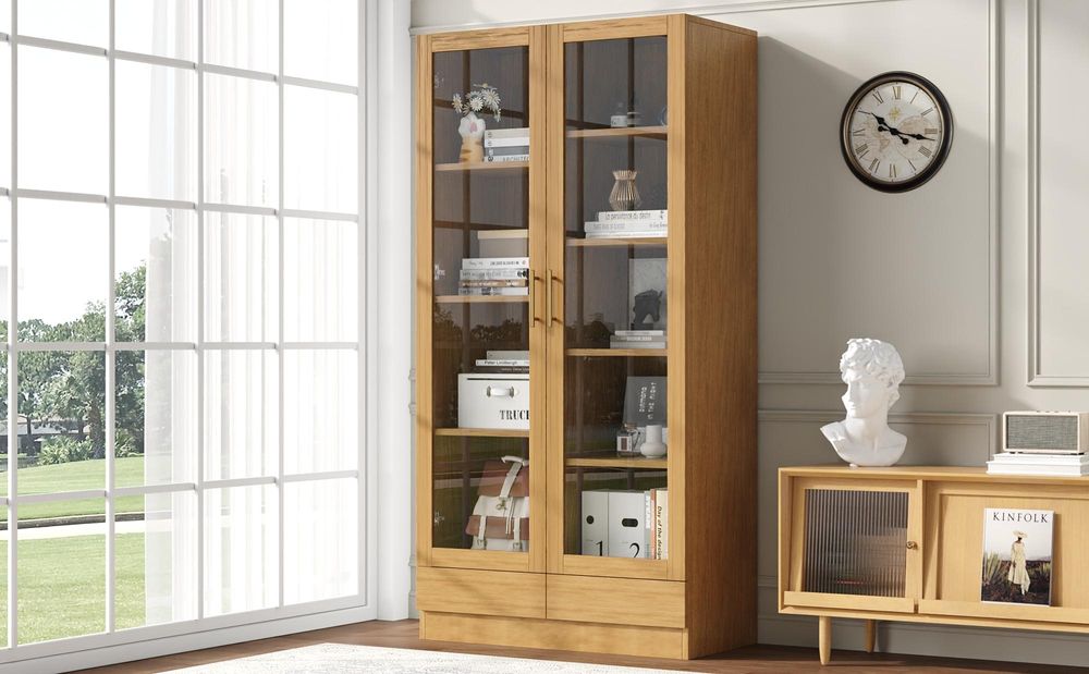 Merax Glasvitrine mit 2 Glastür, 2 Schublade, Metallgriffe, Regale, Büro Hochschrank, Aktenschrank, Schrank, Holzoptik Vitrinen, 160x80x40cm, Natur