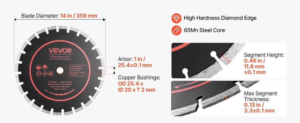 VEVOR 3 Stk. Diamanttrennscheiben 359mm, Diamant-Sägeblätter mit 25,4mm Bohrung & 11,8mm Segmenthöhe, Max. 4800 U/min Diamantscheiben für Trocken/Nass Schneiden, Trennscheibe für Beton Mauerwerk Stein