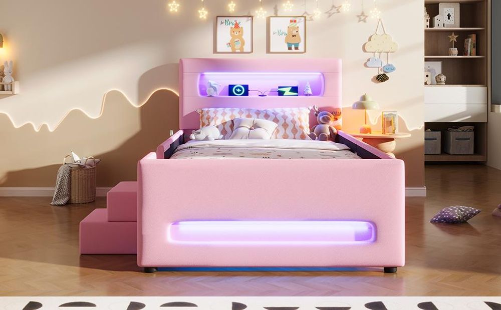 Merax Polsterbett Kinderbett 90x200 cm mit LED-Lichtleisten, Treppe, Schublade und Aufbewahrungstaschen, Plattformbett, Jugendbett, Flachbett, Rosa